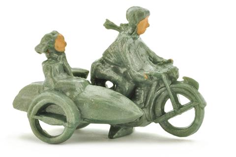 Motorradfahrer mit Beiwagen, grünlich-silberm'ic
